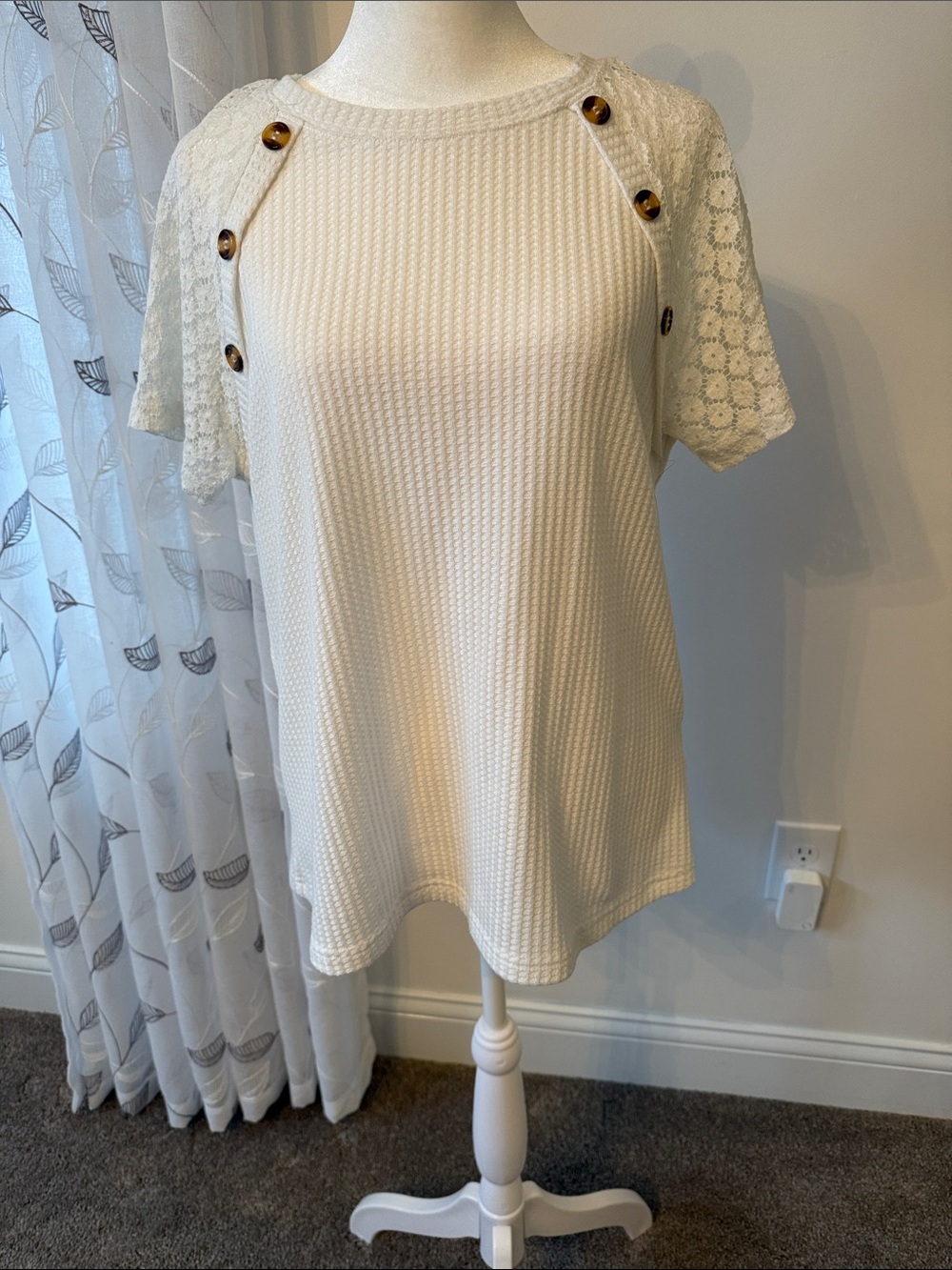 White Short Sleeve Knit Top with Lace Sleeves & Button Detail